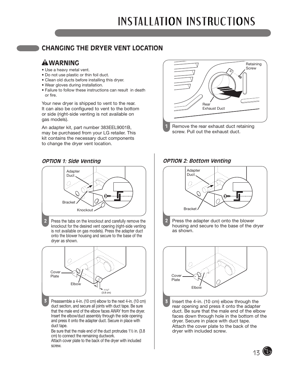 Changing the dryer vent location, Warning | LG DLE2701V User Manual | Page 13 / 120
