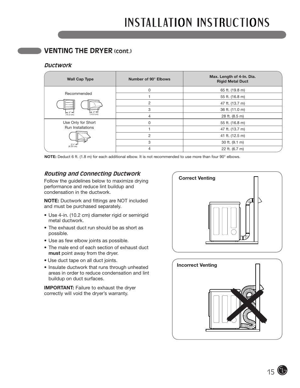 Venting the dryer, Routing and connecting ductwork, Cont.) | Ductwork | LG DLE2701V User Manual | Page 15 / 120