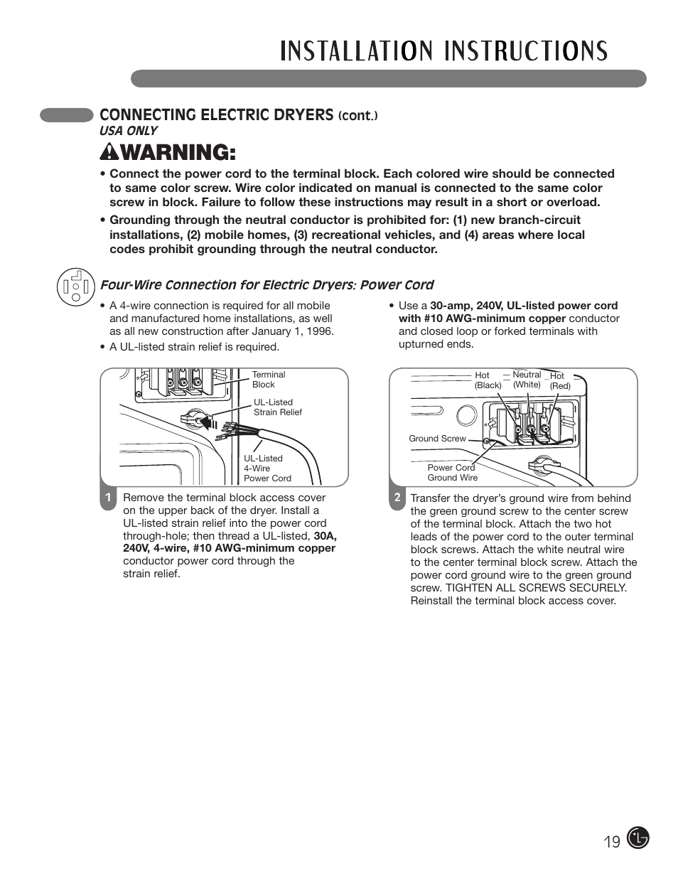 Wwarning, Connecting electric dryers | LG DLE2701V User Manual | Page 19 / 120