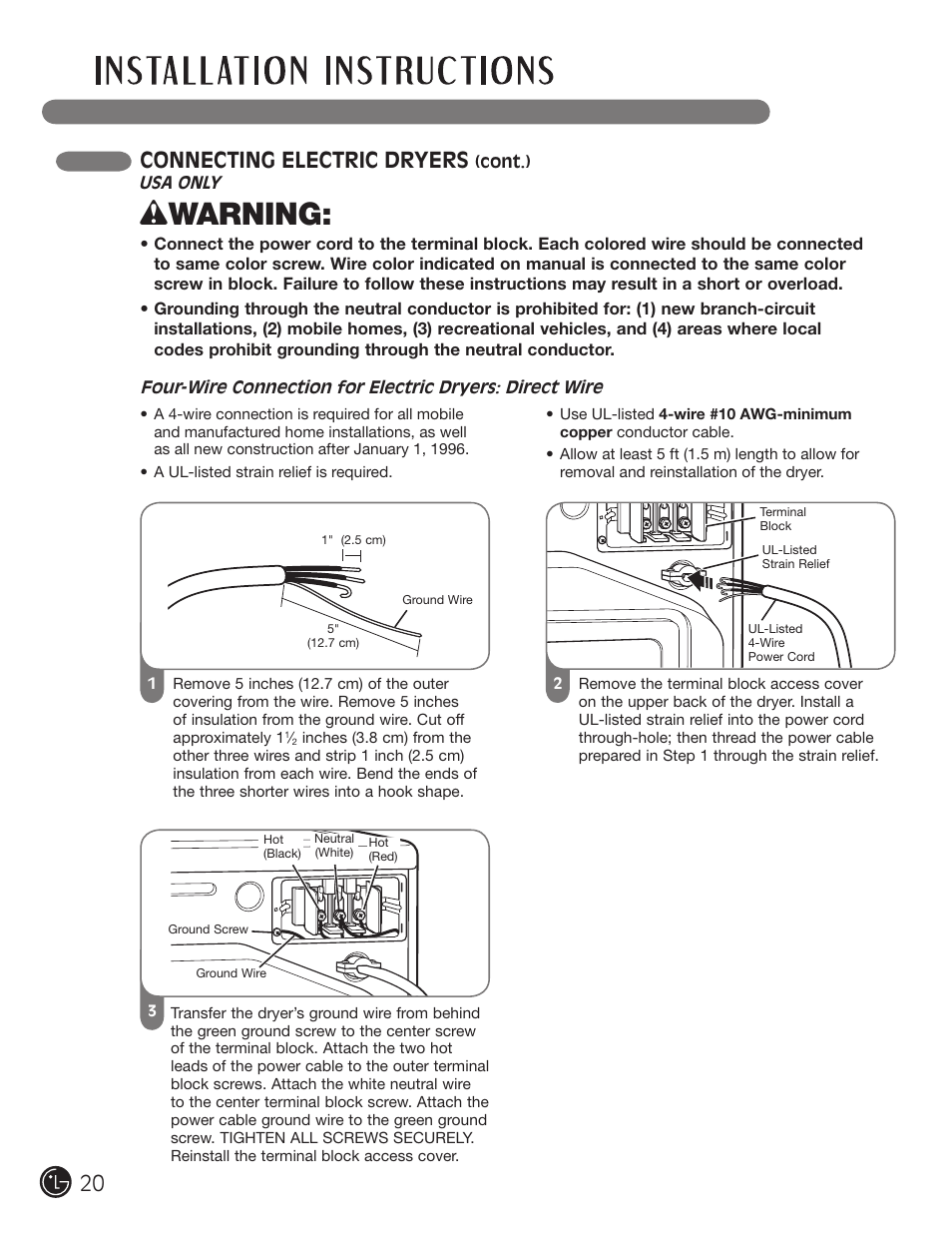 Wwarning, Connecting electric dryers | LG DLE2701V User Manual | Page 20 / 120