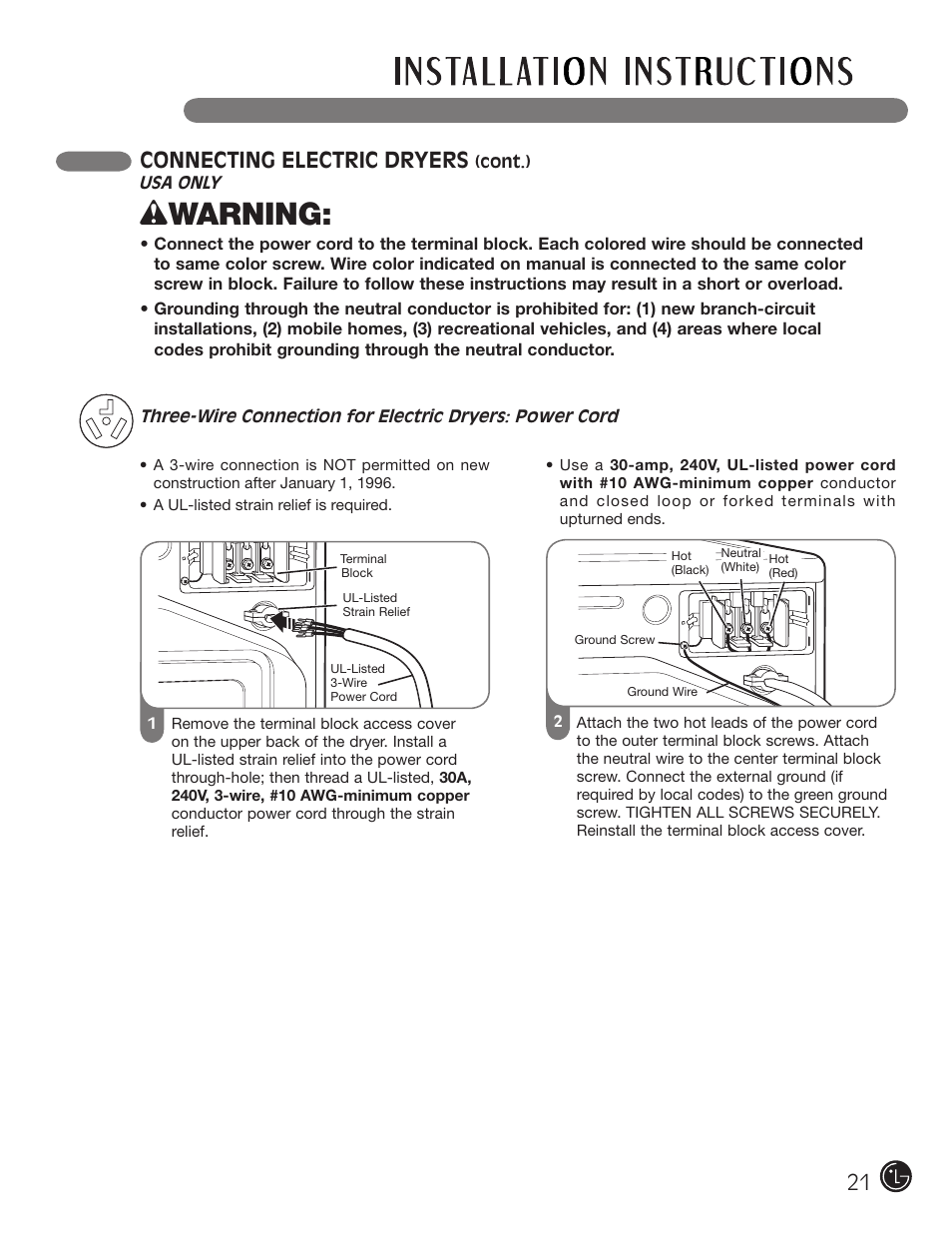 Wwarning, Connecting electric dryers | LG DLE2701V User Manual | Page 21 / 120