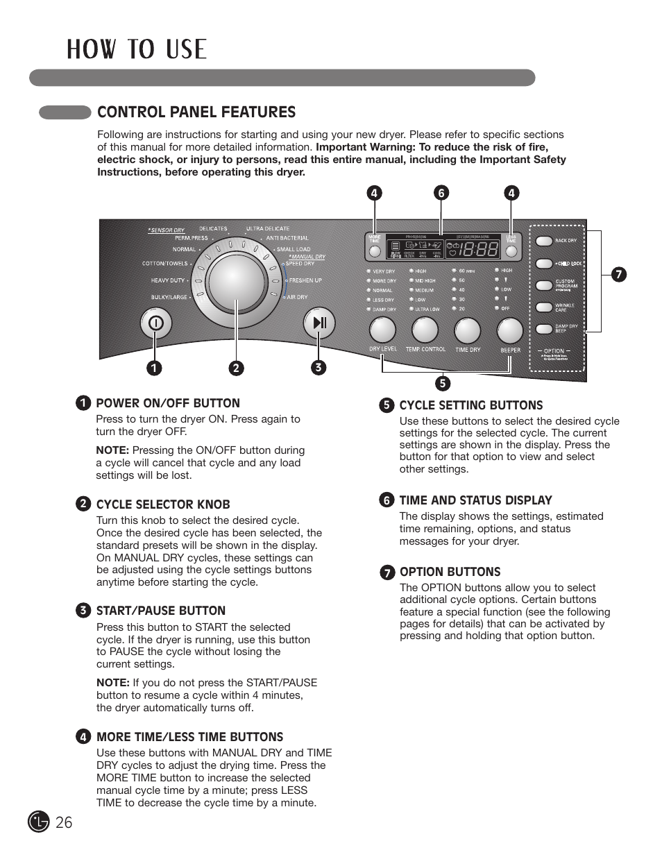 Control panel features | LG DLE2701V User Manual | Page 26 / 120