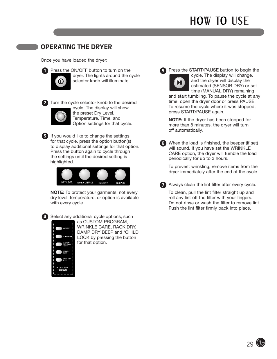 Operating the dryer | LG DLE2701V User Manual | Page 29 / 120