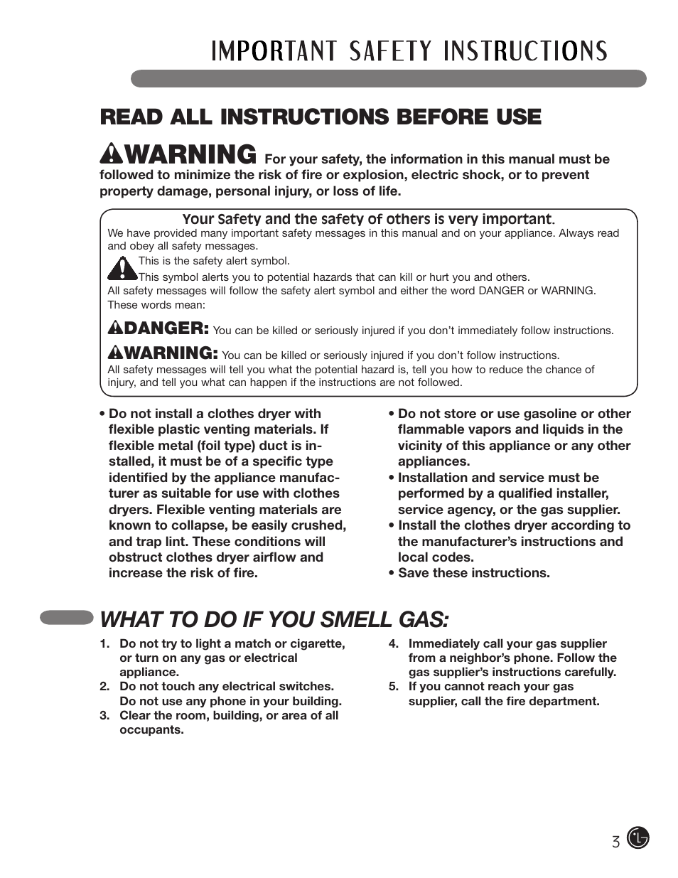 Wdanger, Wwarning | LG DLE2701V User Manual | Page 3 / 120