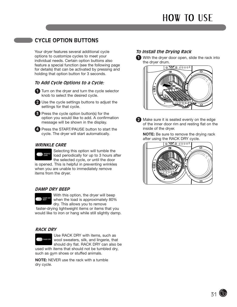 Cycle option buttons | LG DLE2701V User Manual | Page 31 / 120