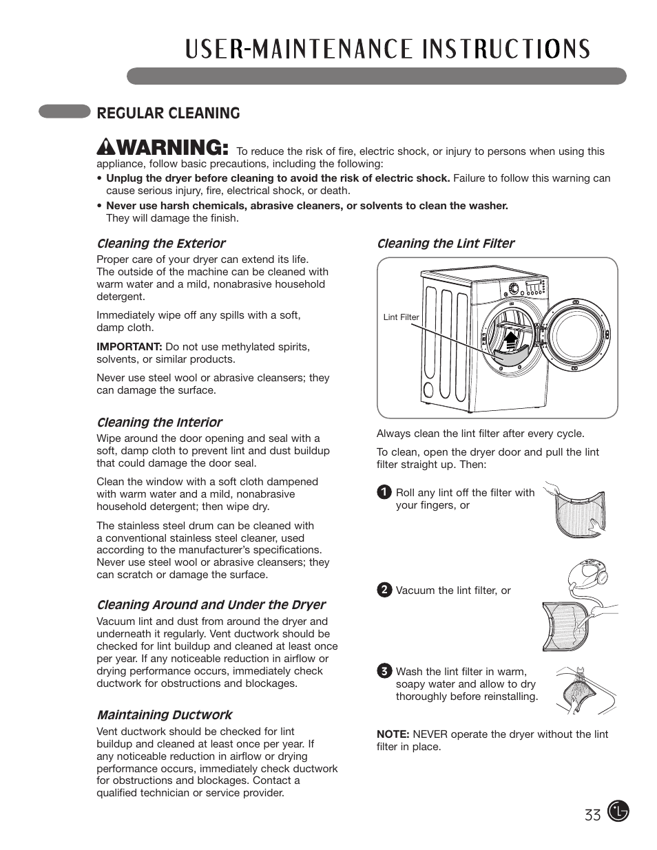 Wwarning, Regular cleaning | LG DLE2701V User Manual | Page 33 / 120