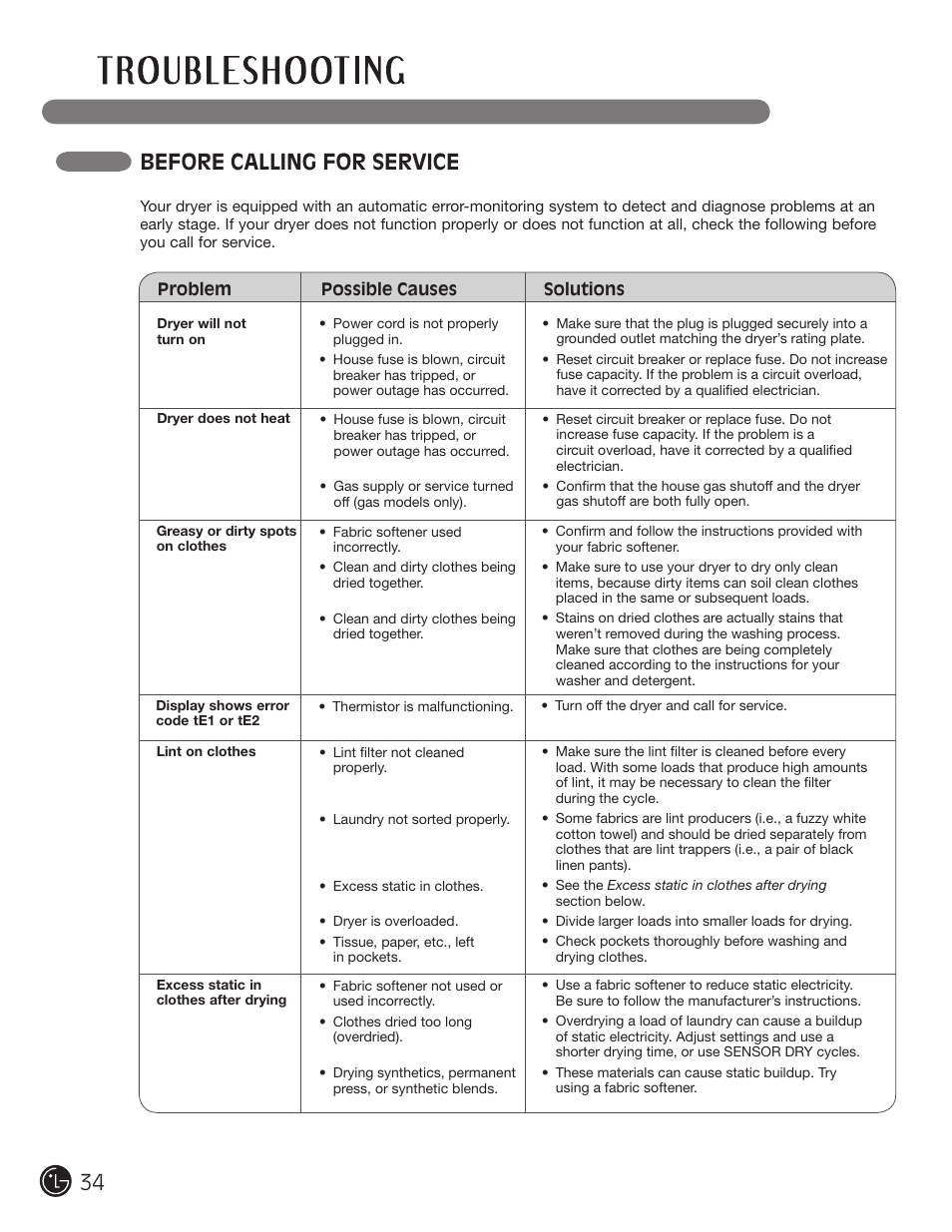 Before calling for service | LG DLE2701V User Manual | Page 34 / 120