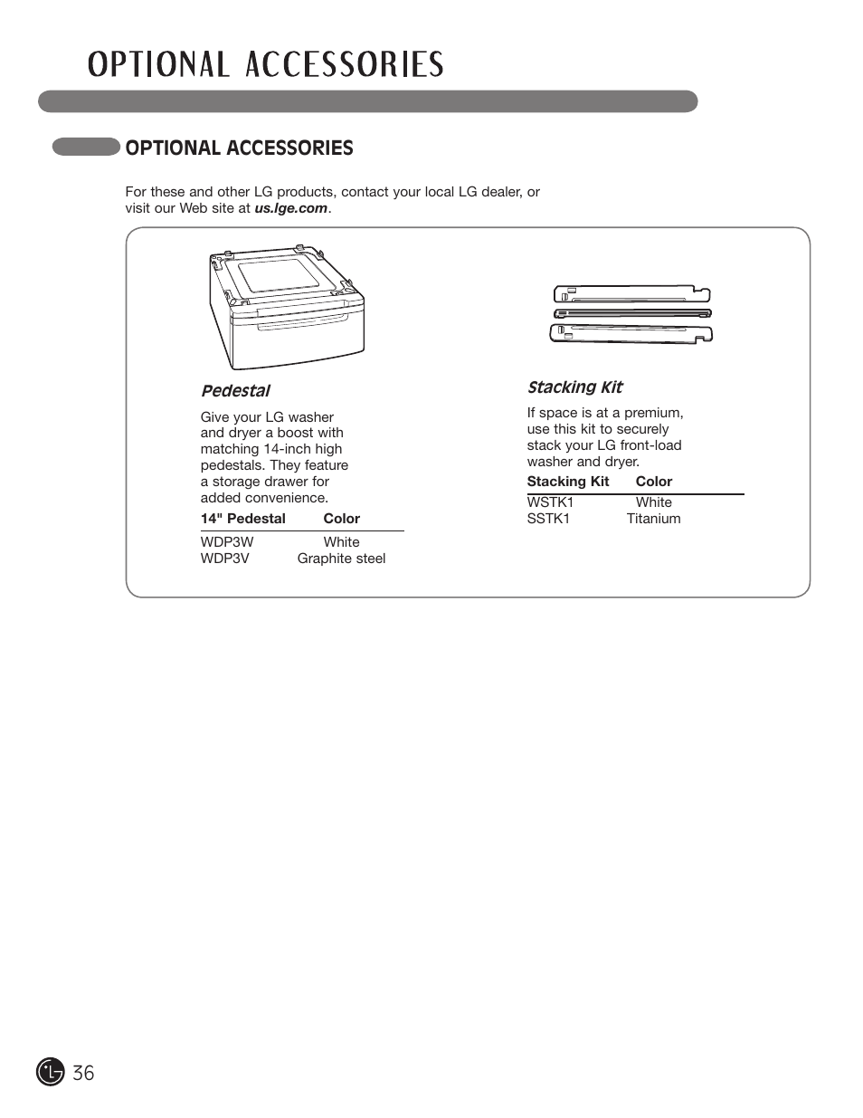 Optional accessories | LG DLE2701V User Manual | Page 36 / 120