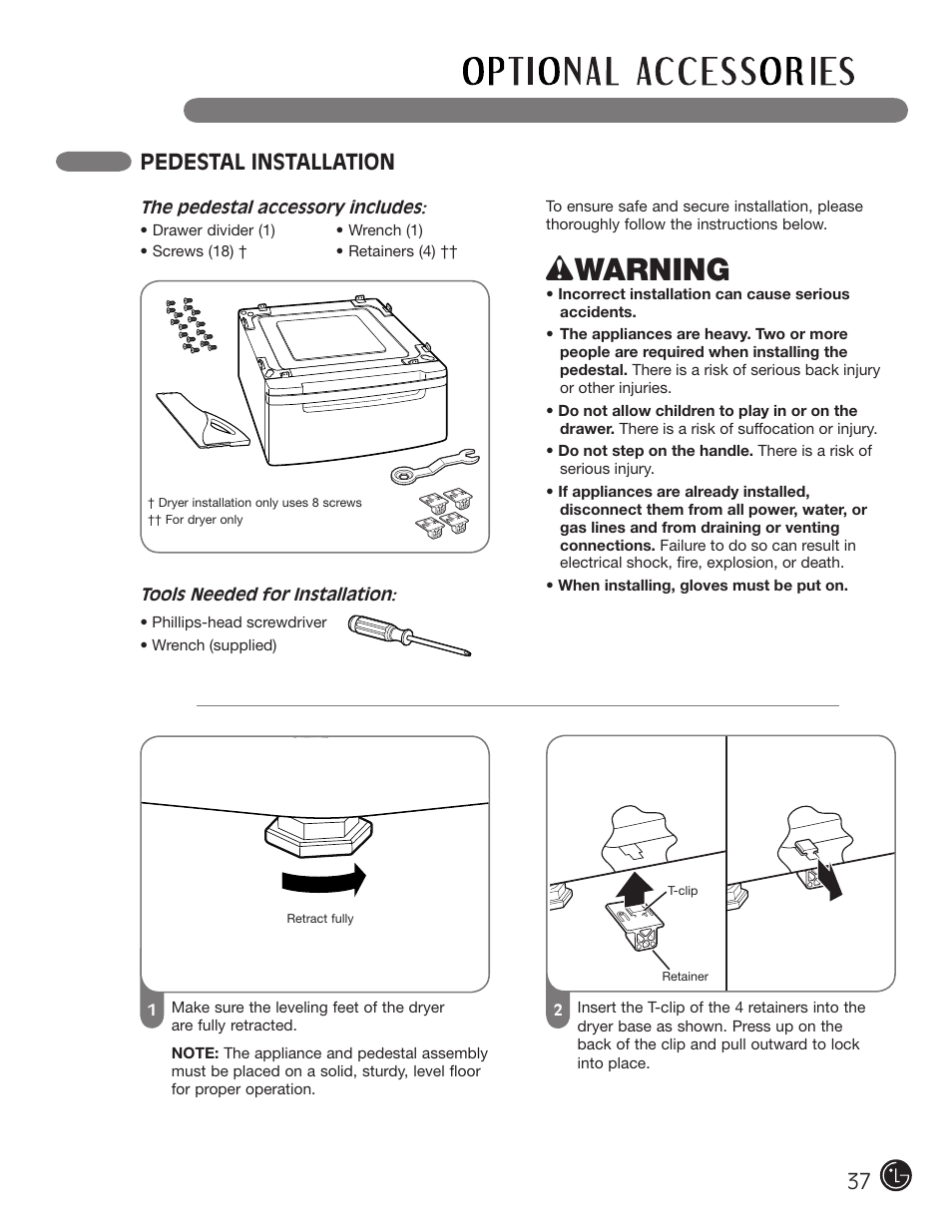 Wwarning, Pedestal installation | LG DLE2701V User Manual | Page 37 / 120