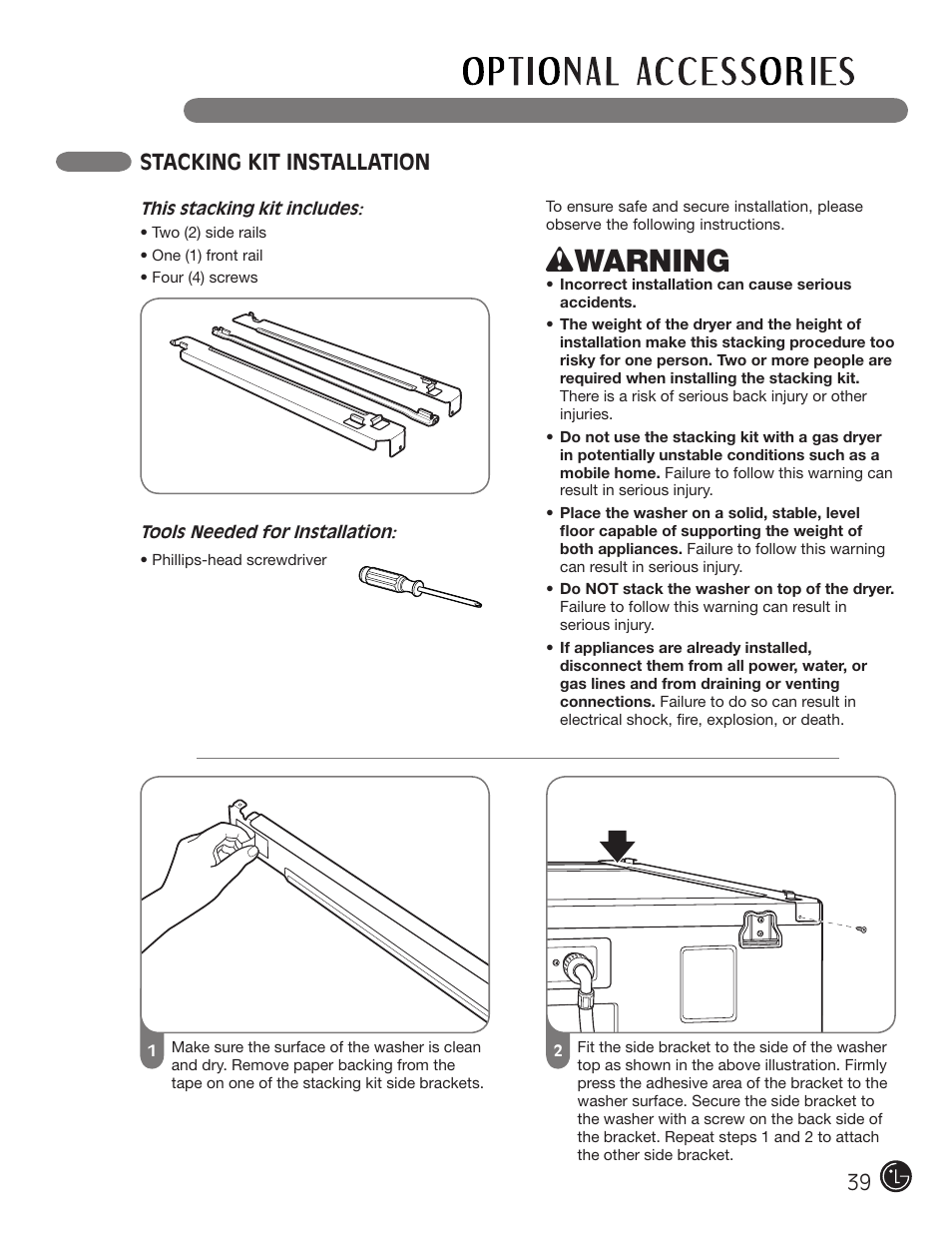 Wwarning, Stacking kit installation | LG DLE2701V User Manual | Page 39 / 120