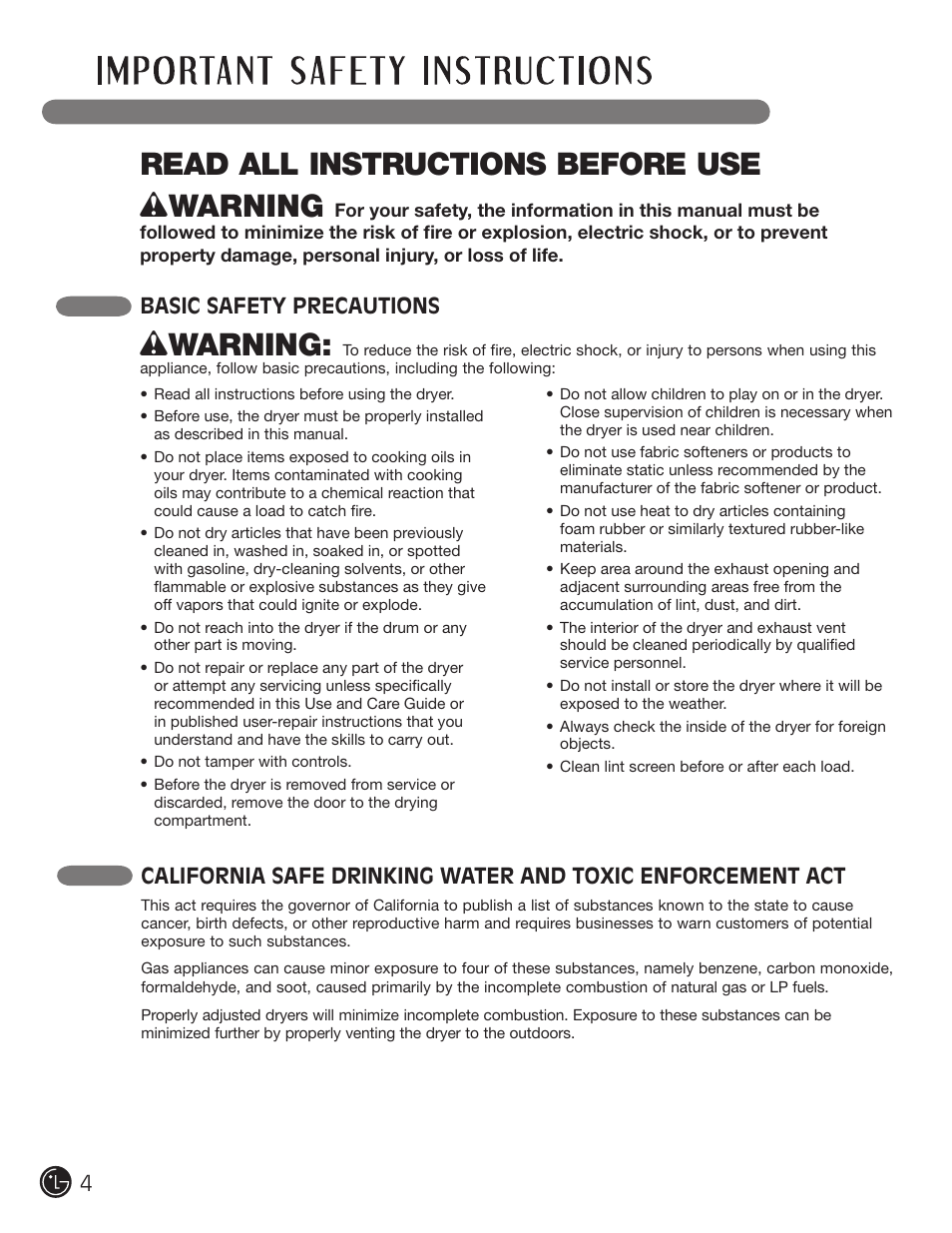 Read all instructions before use w warning, Wwarning, Basic safety precautions | LG DLE2701V User Manual | Page 4 / 120