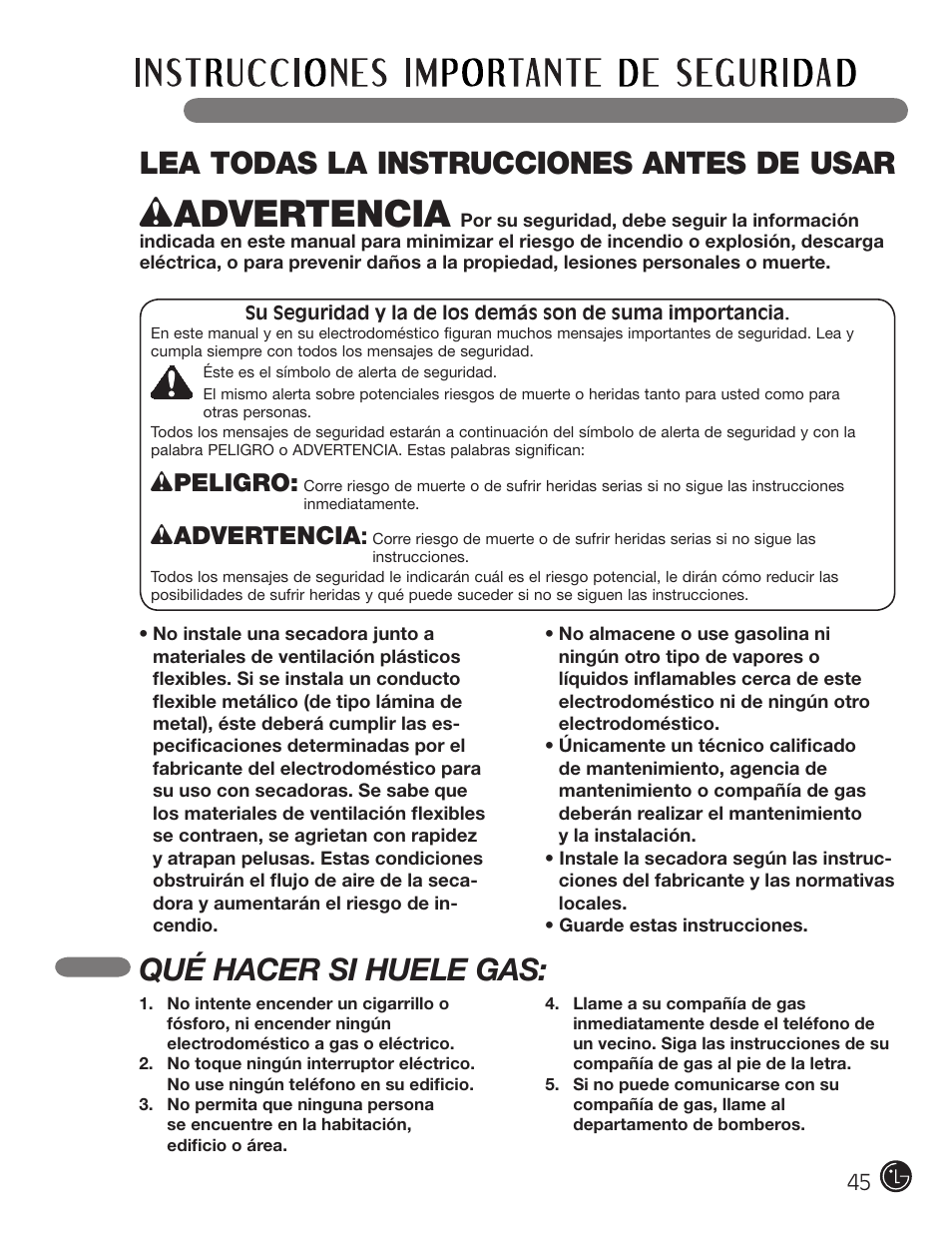 Lea todas la instrucciones antes de usar, Qué hacer si huele gas, Wpeligro | Wadvertencia | LG DLE2701V User Manual | Page 45 / 120