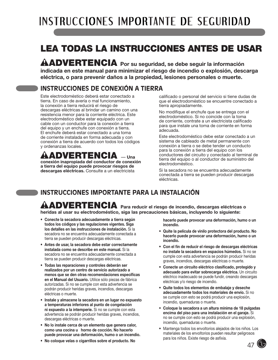 Wadvertencia, Instrucciones de conexión a tierra, Instrucciones importante para la instalación | LG DLE2701V User Manual | Page 47 / 120