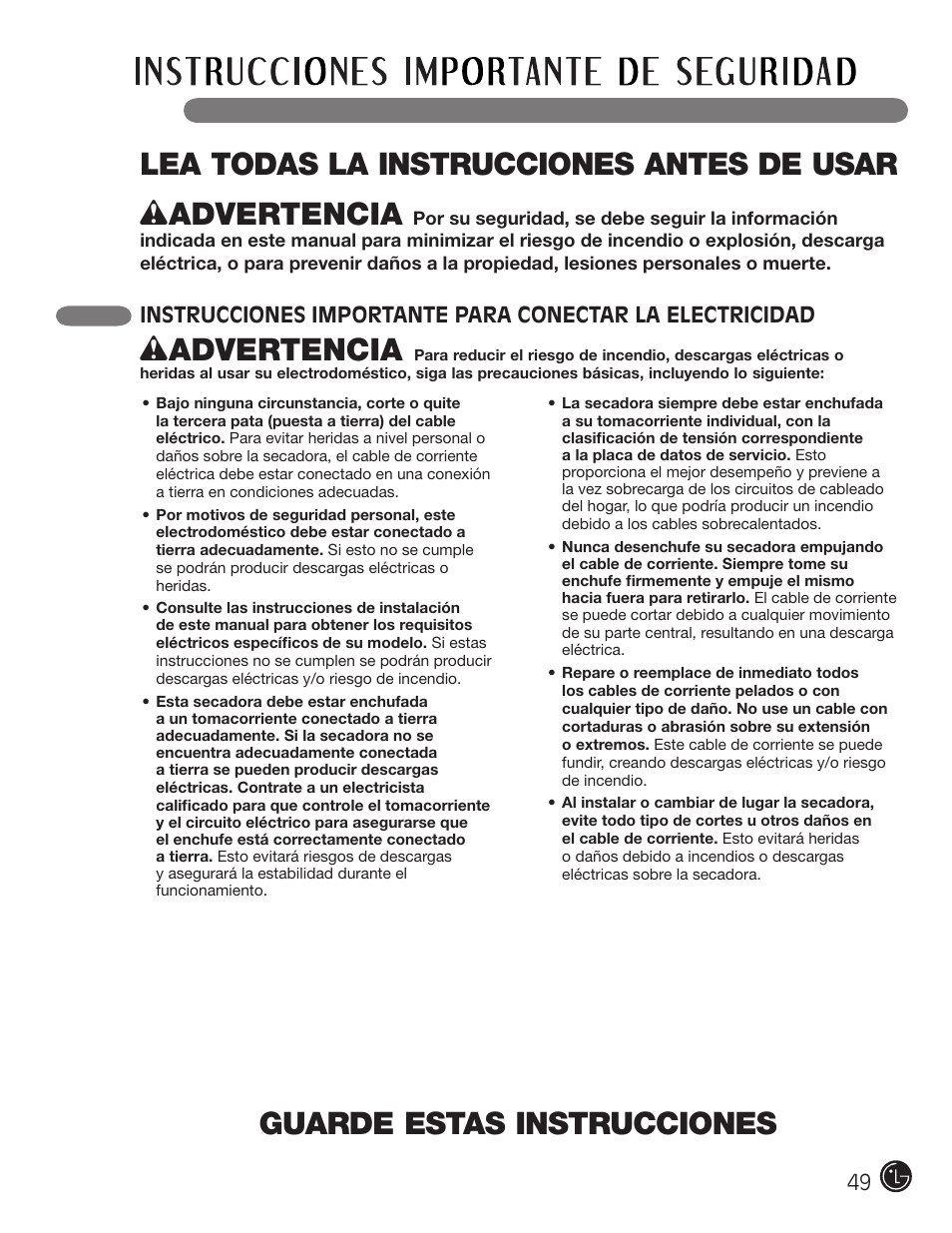 Guarde estas instrucciones, Wadvertencia | LG DLE2701V User Manual | Page 49 / 120