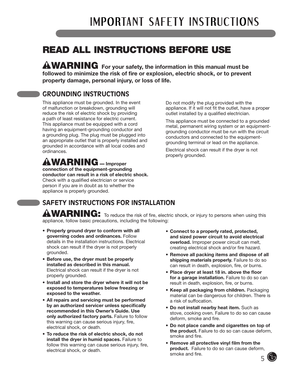 Wwarning, Read all instructions before use, 5grounding instructions | Safety instructions for installation | LG DLE2701V User Manual | Page 5 / 120