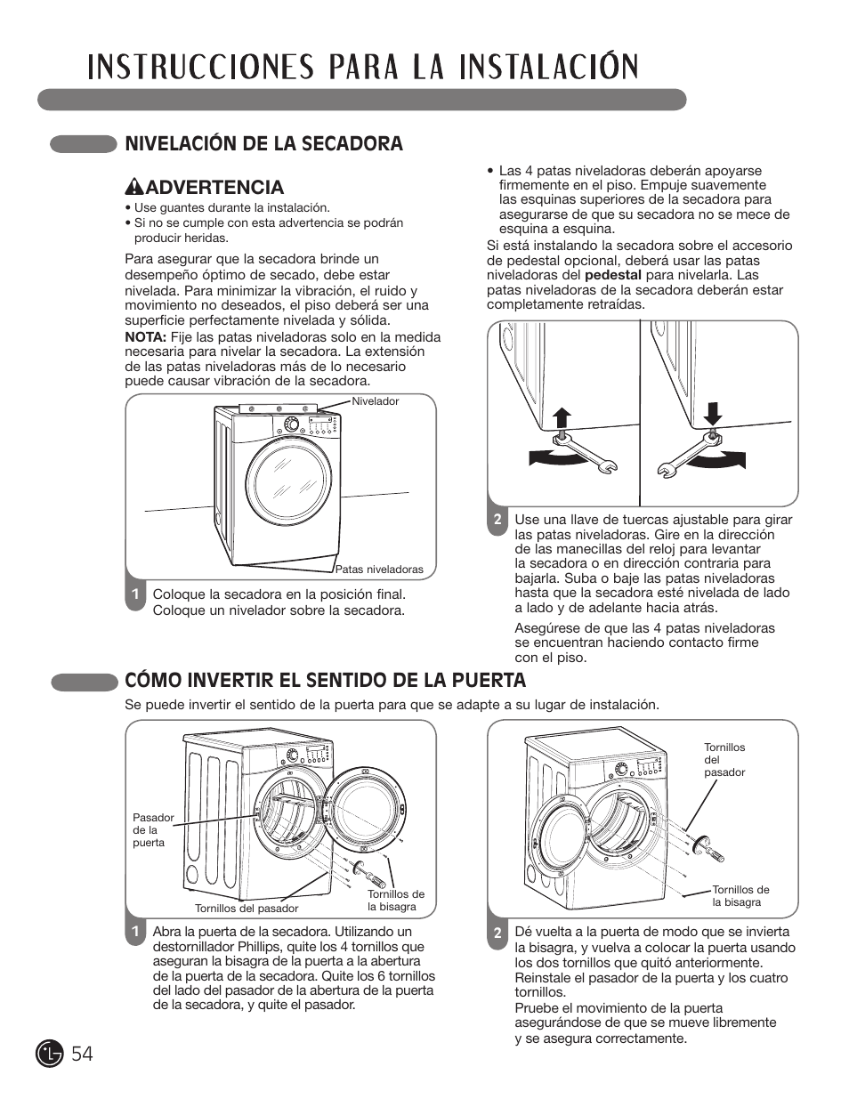 Nivelación de la secadora, Cómo invertir el sentido de la puerta, Advertencia | LG DLE2701V User Manual | Page 54 / 120