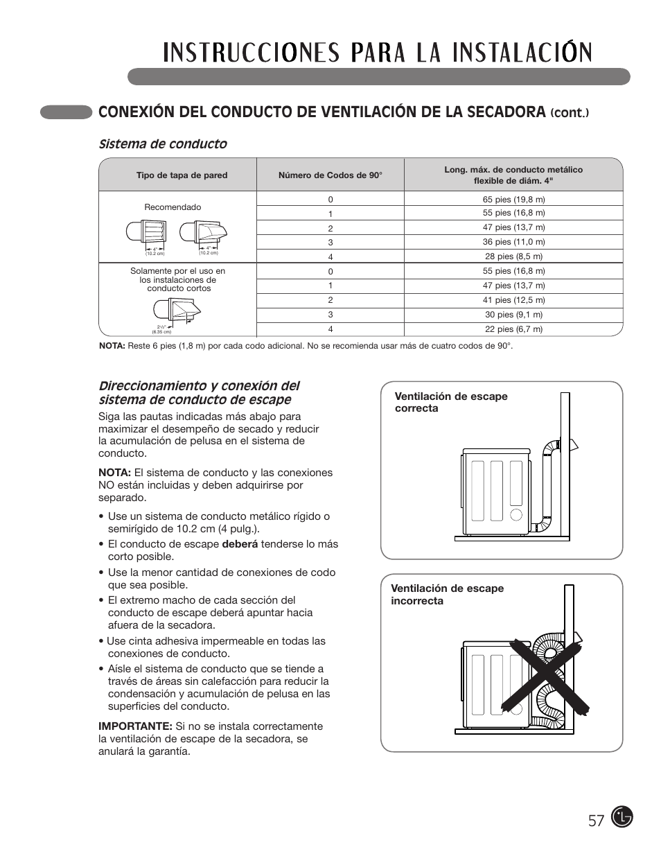 Cont.), Sistema de conducto | LG DLE2701V User Manual | Page 57 / 120