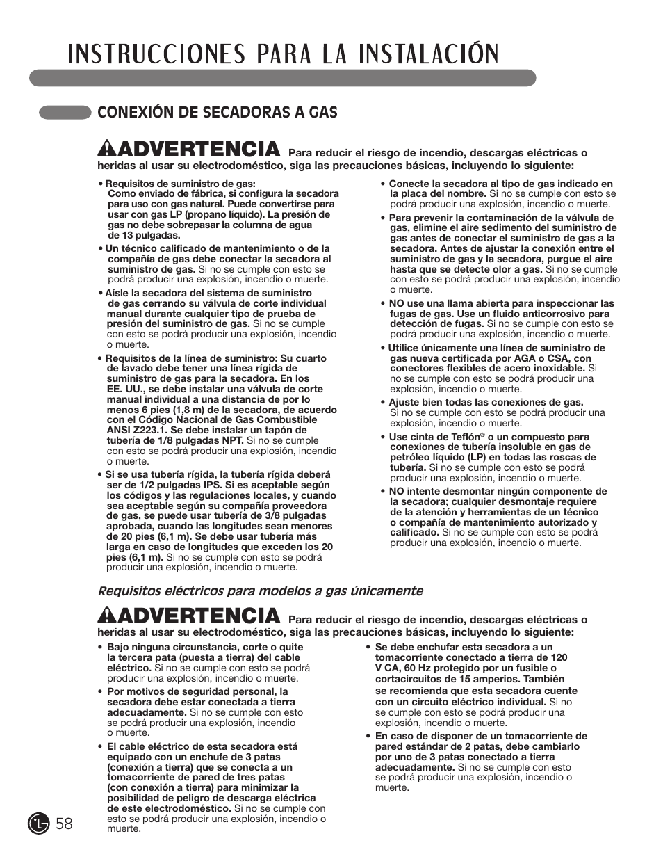 Wadvertencia, 58 conexión de secadoras a gas | LG DLE2701V User Manual | Page 58 / 120