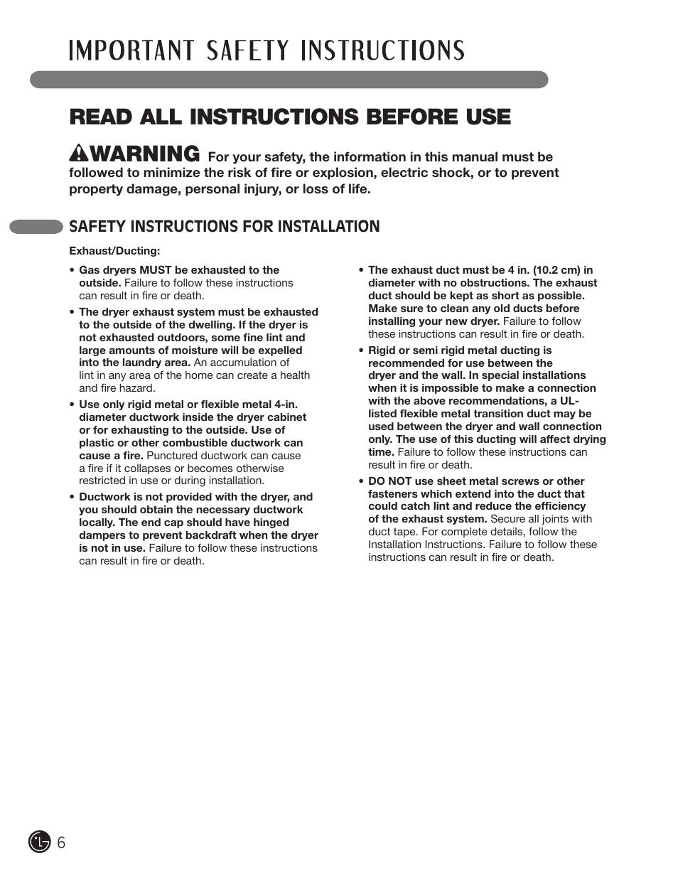 Read all instructions before use, Wwarning, Safety instructions for installation | LG DLE2701V User Manual | Page 6 / 120