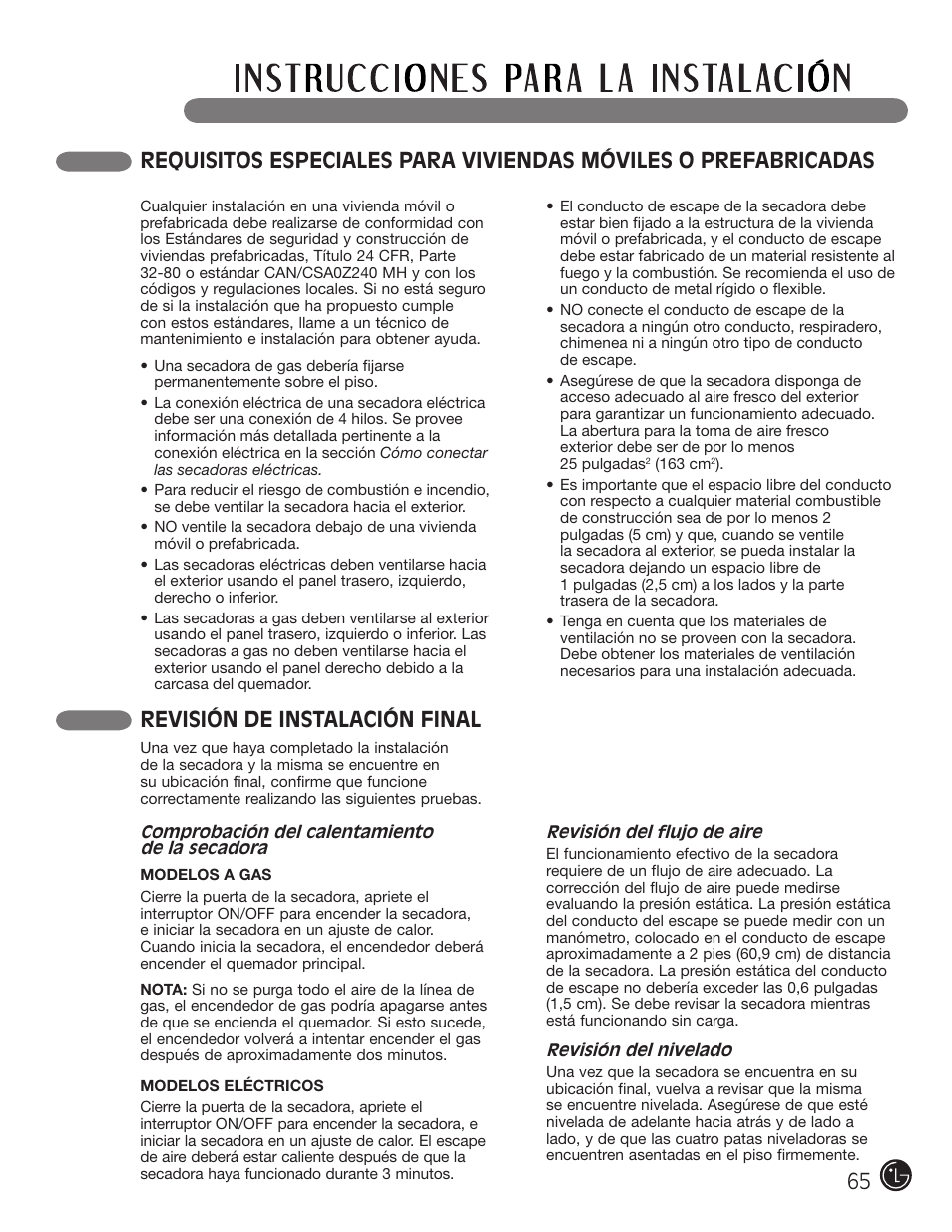 Revisión de instalación final | LG DLE2701V User Manual | Page 65 / 120