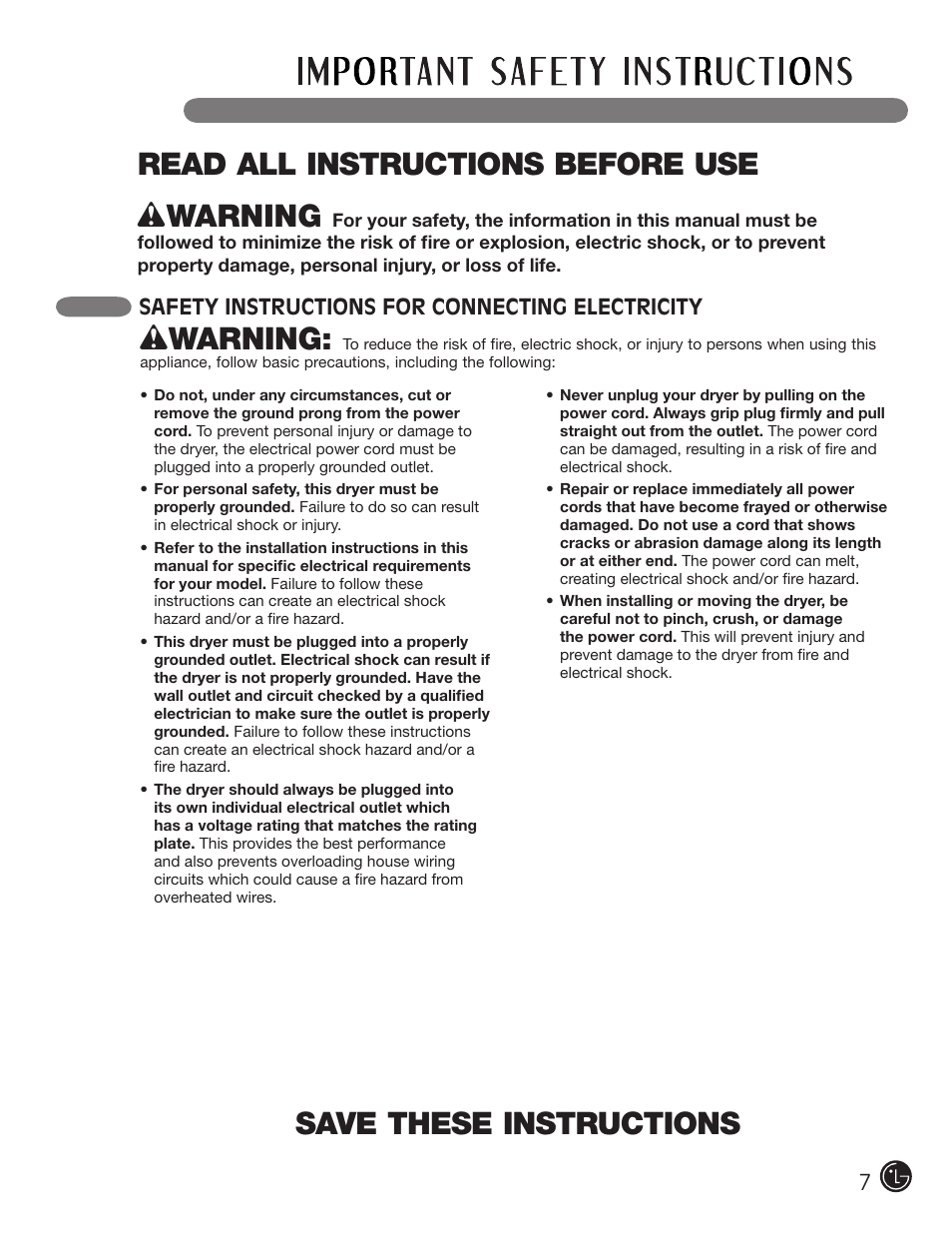 Save these instructions, Wwarning, Read all instructions before use w warning | 7safety instructions for connecting electricity | LG DLE2701V User Manual | Page 7 / 120