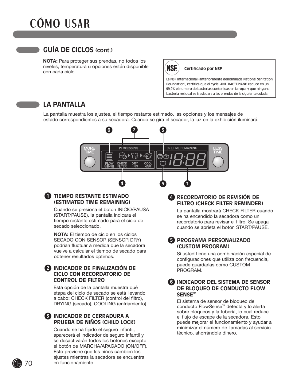 La pantalla, Guía de ciclos | LG DLE2701V User Manual | Page 70 / 120