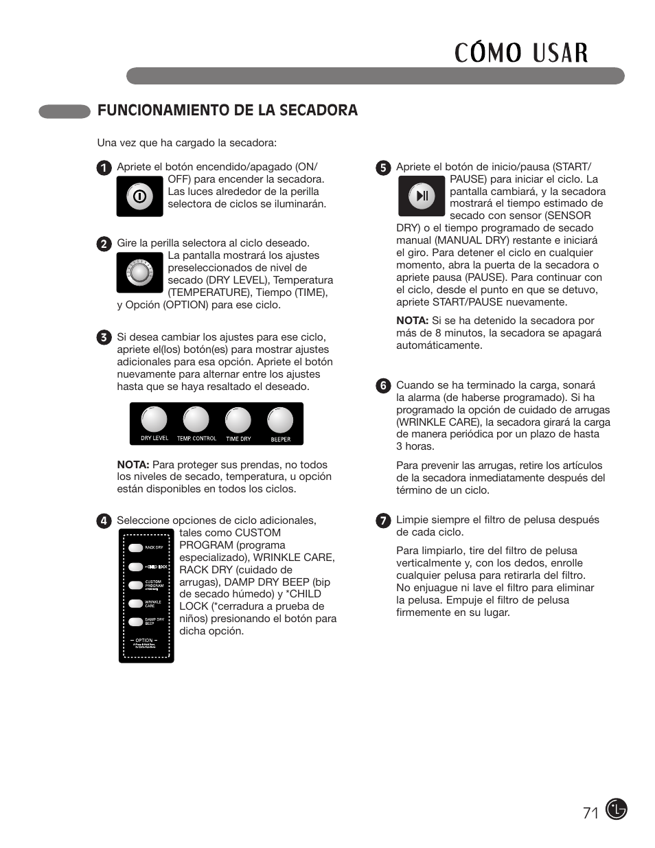 Funcionamiento de la secadora 71 | LG DLE2701V User Manual | Page 71 / 120