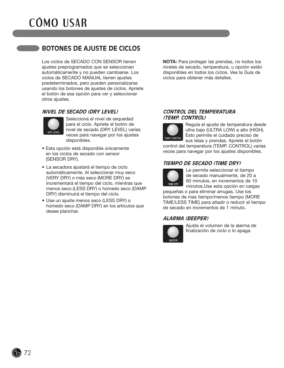 Botones de ajuste de ciclos | LG DLE2701V User Manual | Page 72 / 120