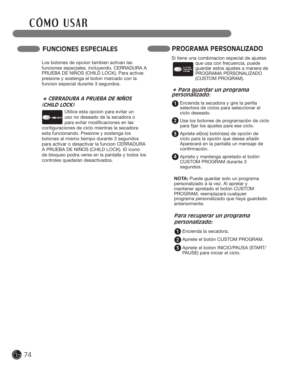 Funciones especiales, Programa personalizado | LG DLE2701V User Manual | Page 74 / 120