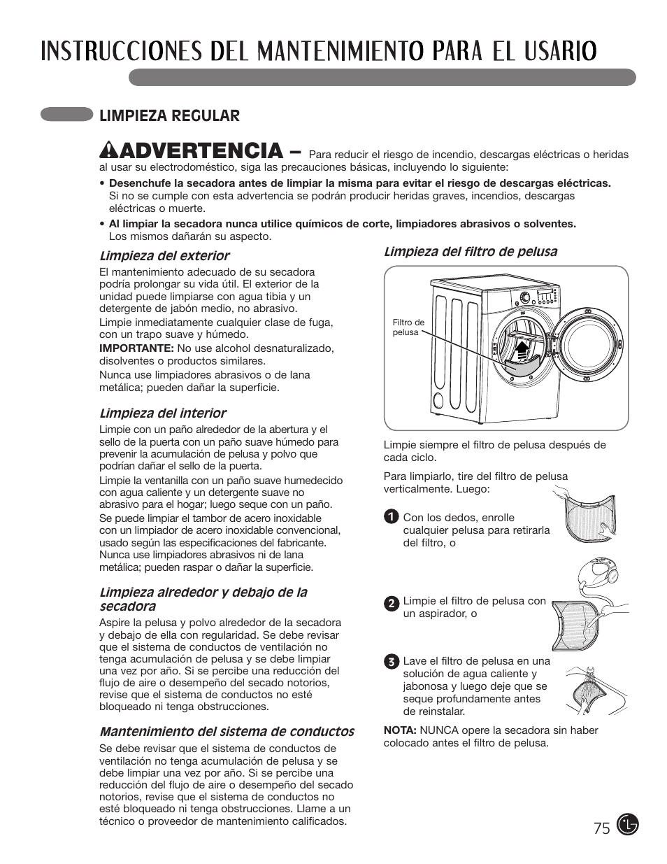 Wadvertencia, Limpieza regular | LG DLE2701V User Manual | Page 75 / 120