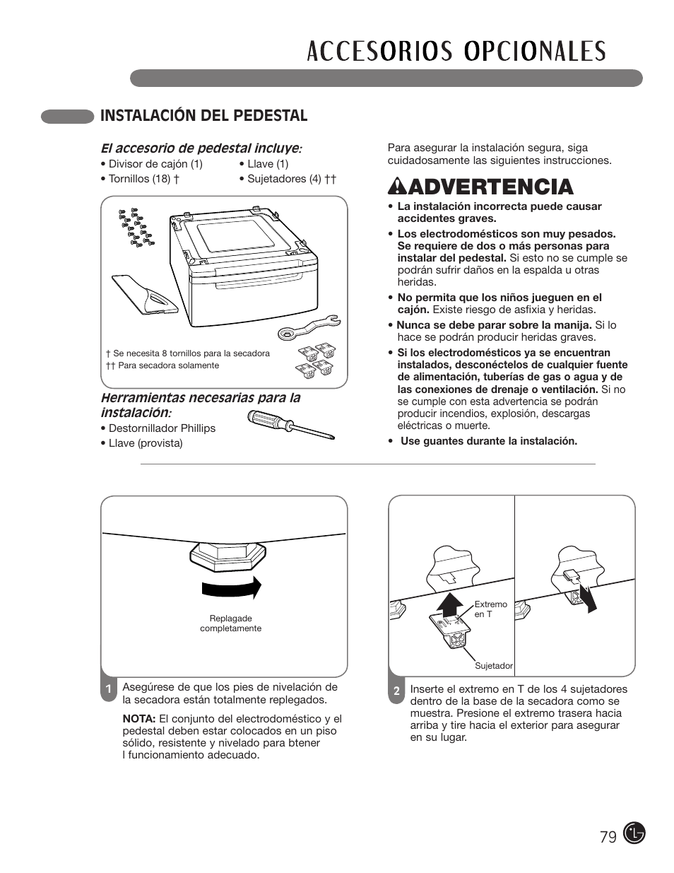 Wadvertencia, Instalación del pedestal | LG DLE2701V User Manual | Page 79 / 120