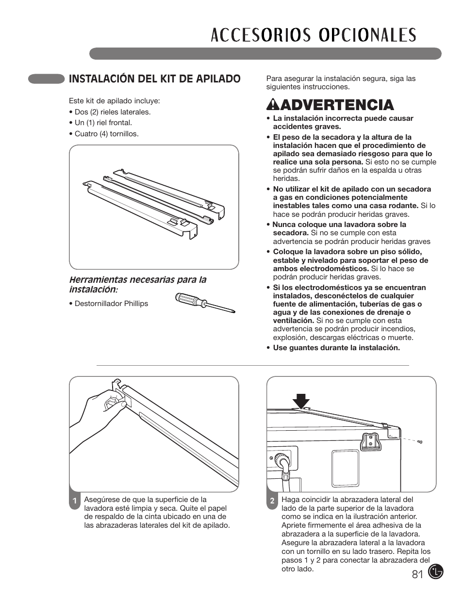 Wadvertencia, Instalación del kit de apilado | LG DLE2701V User Manual | Page 81 / 120