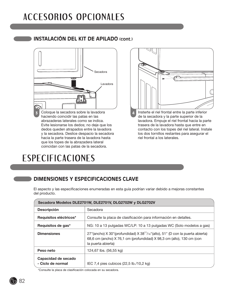 Instalación del kit de apilado, Dimensiones y especificaciones clave | LG DLE2701V User Manual | Page 82 / 120