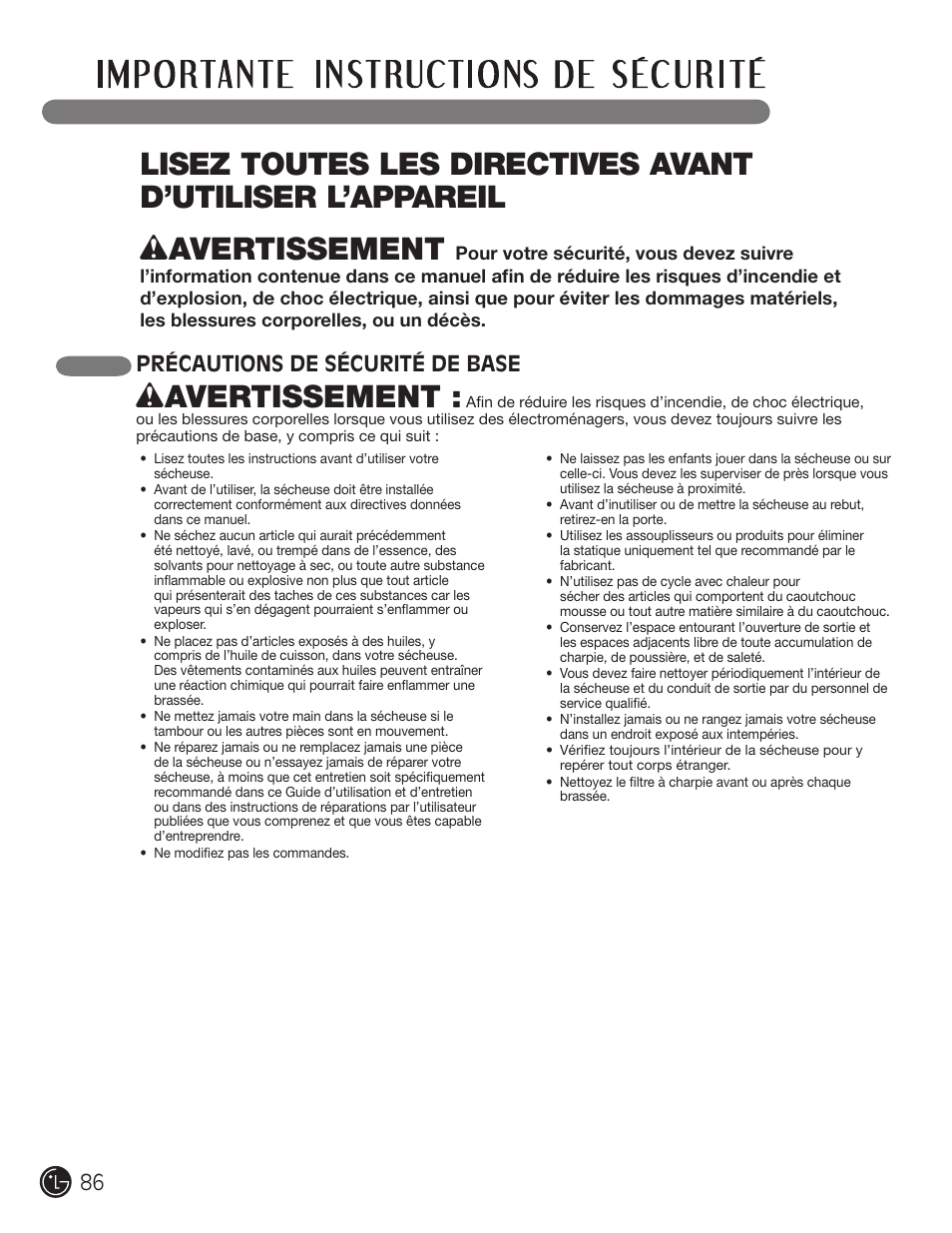 Wavertissement, Précautions de sécurité de base | LG DLE2701V User Manual | Page 86 / 120