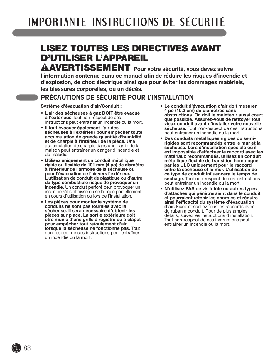 88 précautions de sécurité pour l’installation | LG DLE2701V User Manual | Page 88 / 120