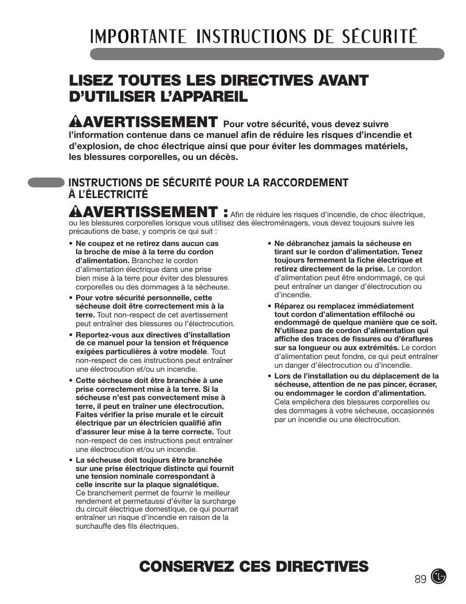 Conservez ces directives, Wavertissement | LG DLE2701V User Manual | Page 89 / 120