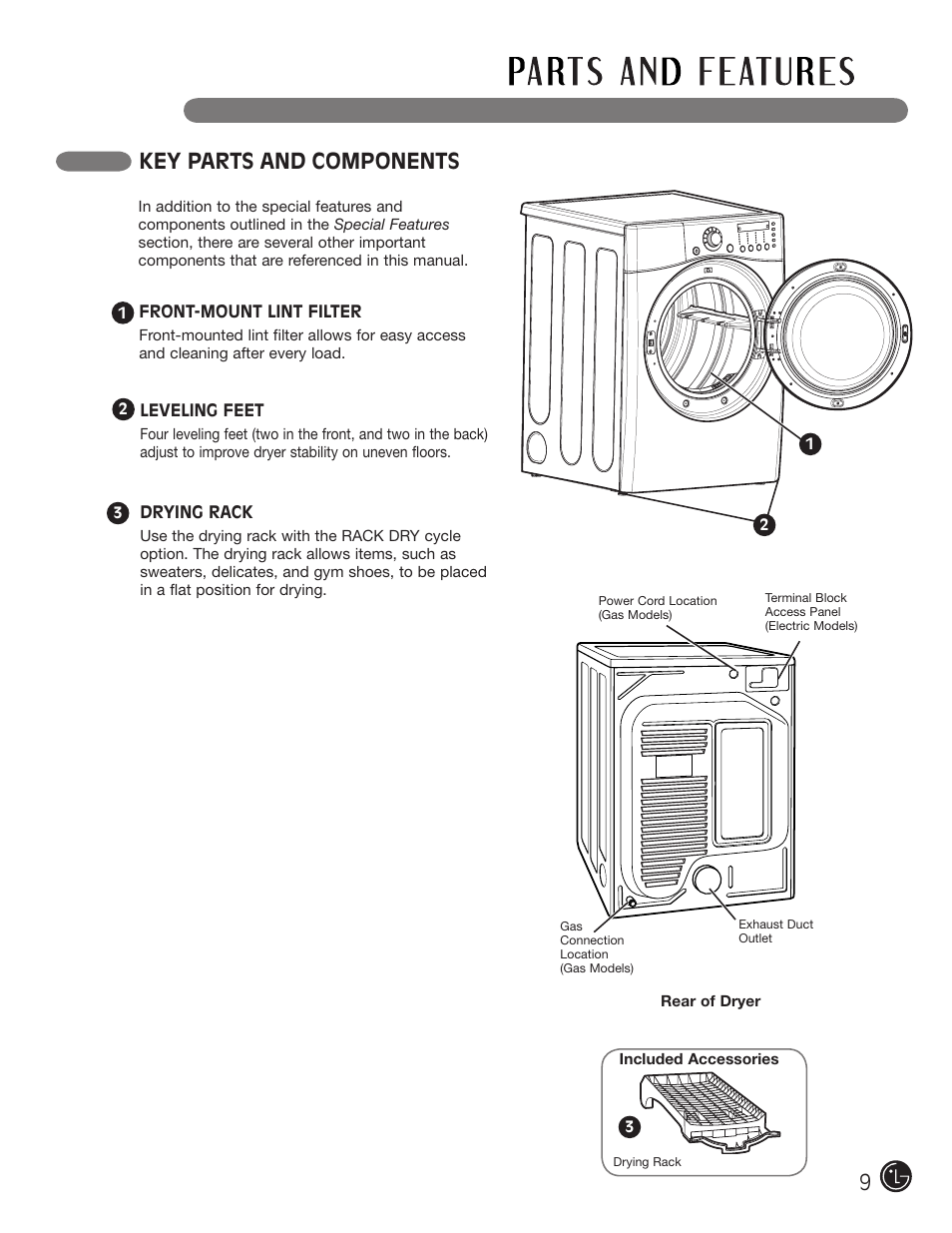 Key parts and components | LG DLE2701V User Manual | Page 9 / 120