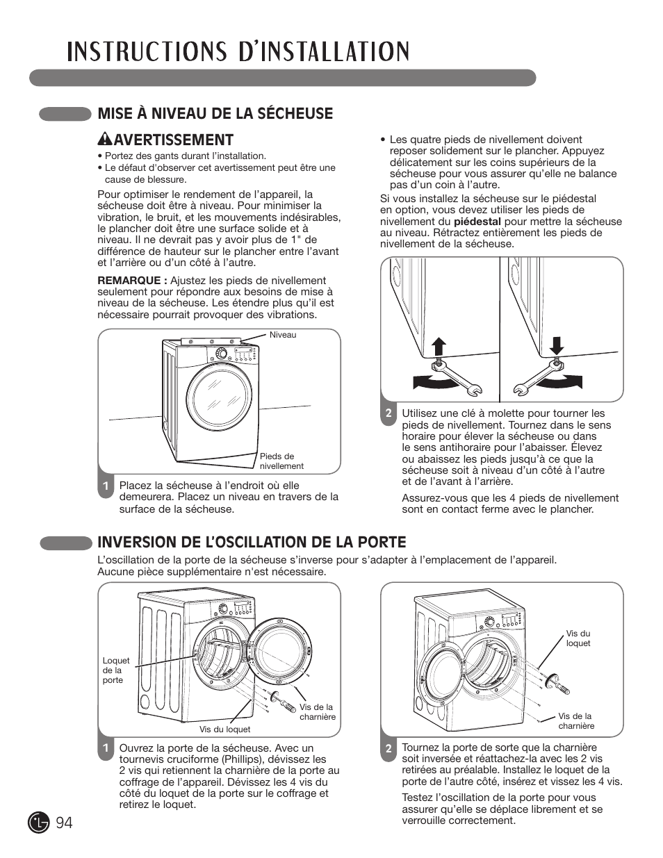 Mise à niveau de la sécheuse, Inversion de l’oscillation de la porte, Avertissement | LG DLE2701V User Manual | Page 94 / 120