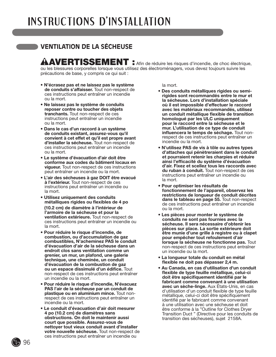 Wavertissement, Ventilation de la sécheuse | LG DLE2701V User Manual | Page 96 / 120