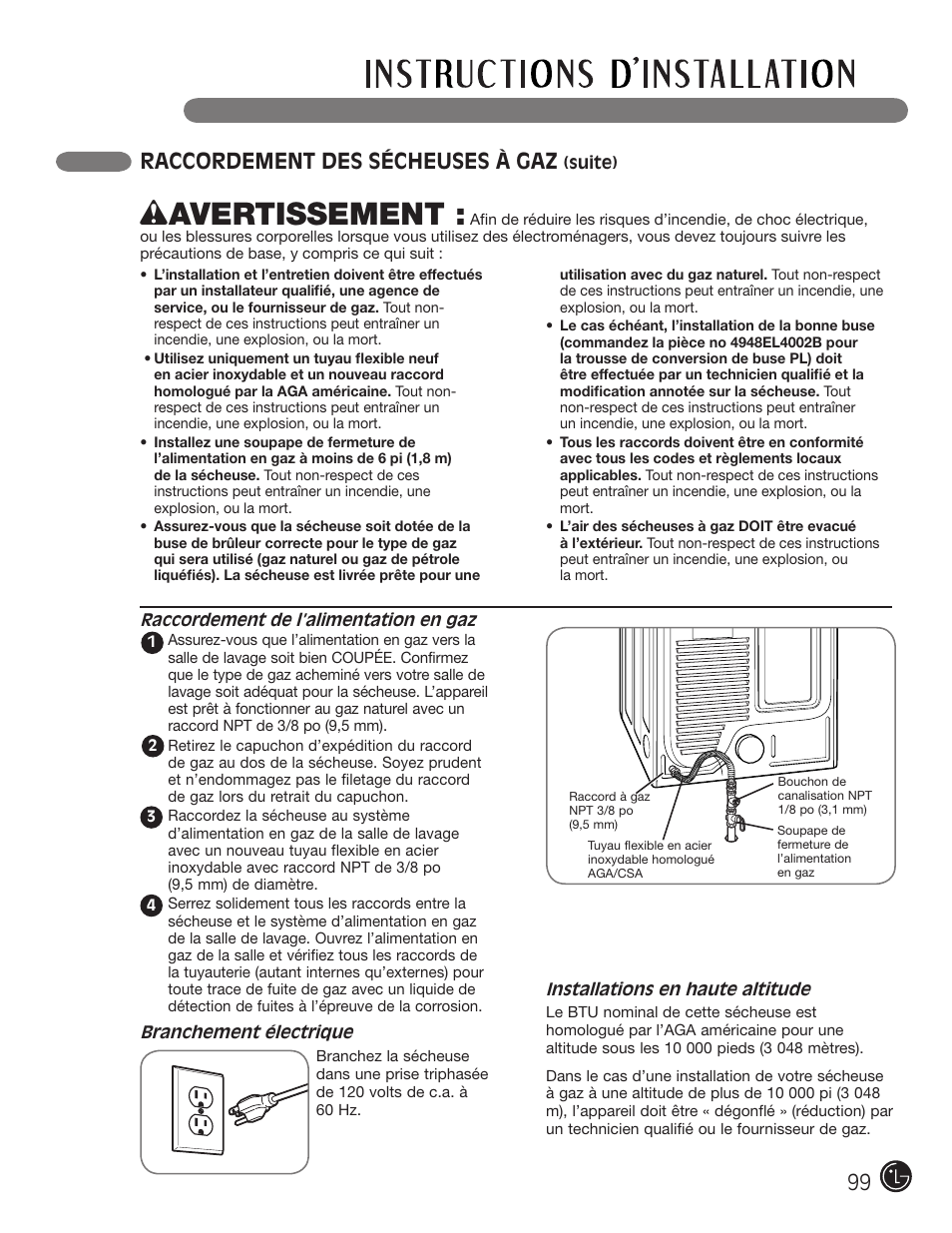 Wavertissement, 99 raccordement des sécheuses à gaz | LG DLE2701V User Manual | Page 99 / 120