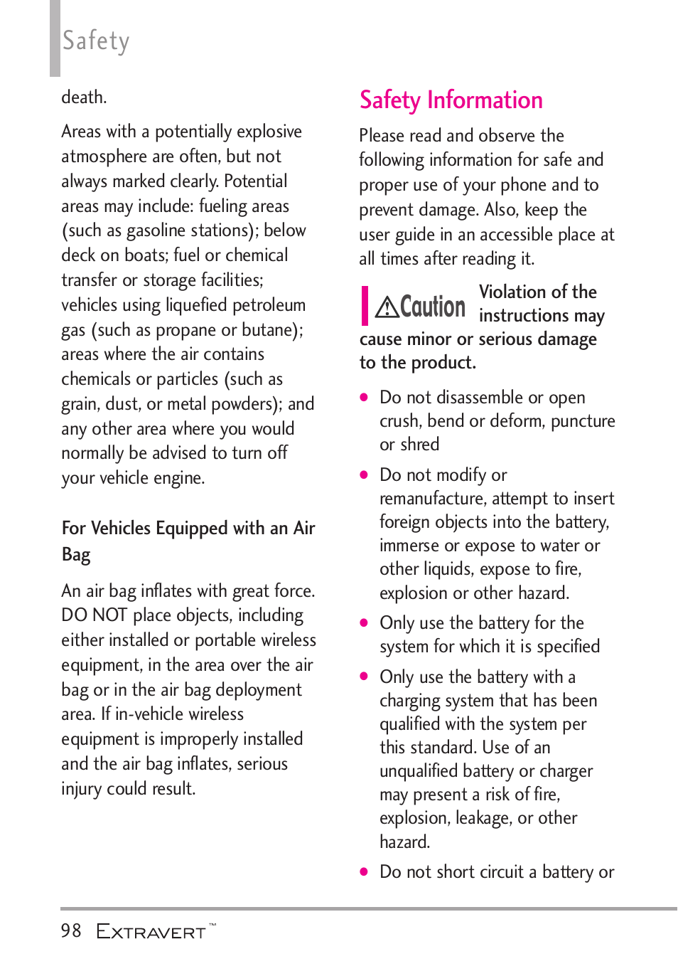 For vehicles equipped with a, Safety information, For vehicles equipped with an | Air bag, Caution, Safety | LG VN271 User Manual | Page 100 / 270