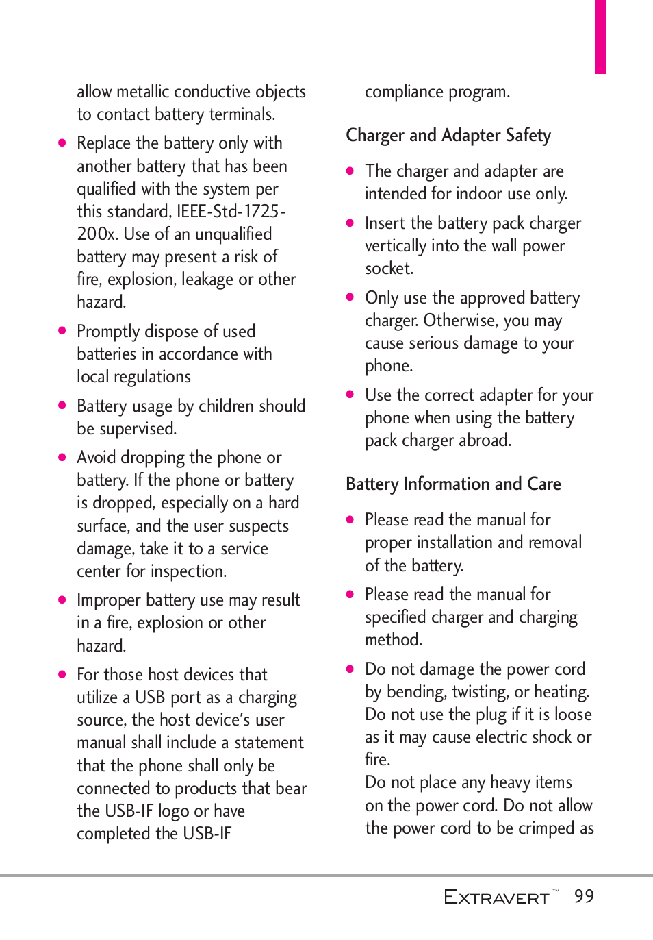 Charger and adapter safety, Battery information and care, Battery usage by children should be supervised | LG VN271 User Manual | Page 101 / 270