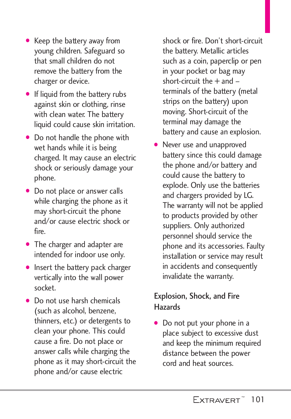 Explosion, shock, and fire h, Explosion, shock, and fire hazards101, Explosion, shock, and fire hazards | LG VN271 User Manual | Page 103 / 270