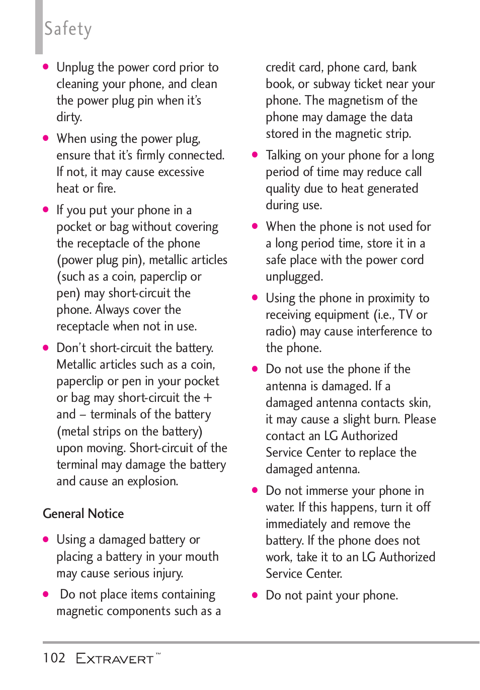 General notice, Safety, Do not paint your phone. 102 | LG VN271 User Manual | Page 104 / 270