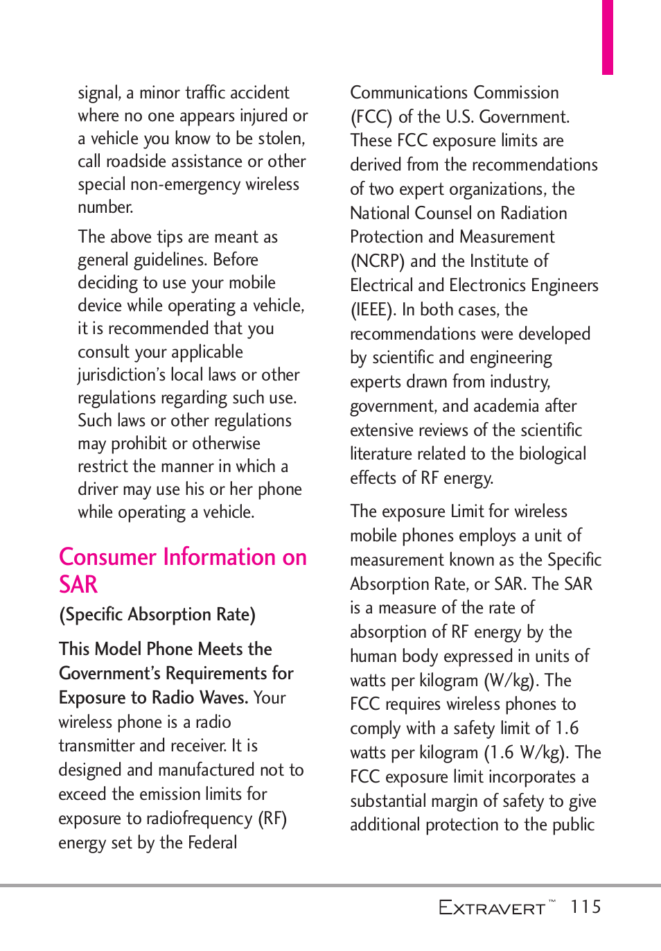 Consumer information on sar, Consumer information on sar 115 | LG VN271 User Manual | Page 117 / 270