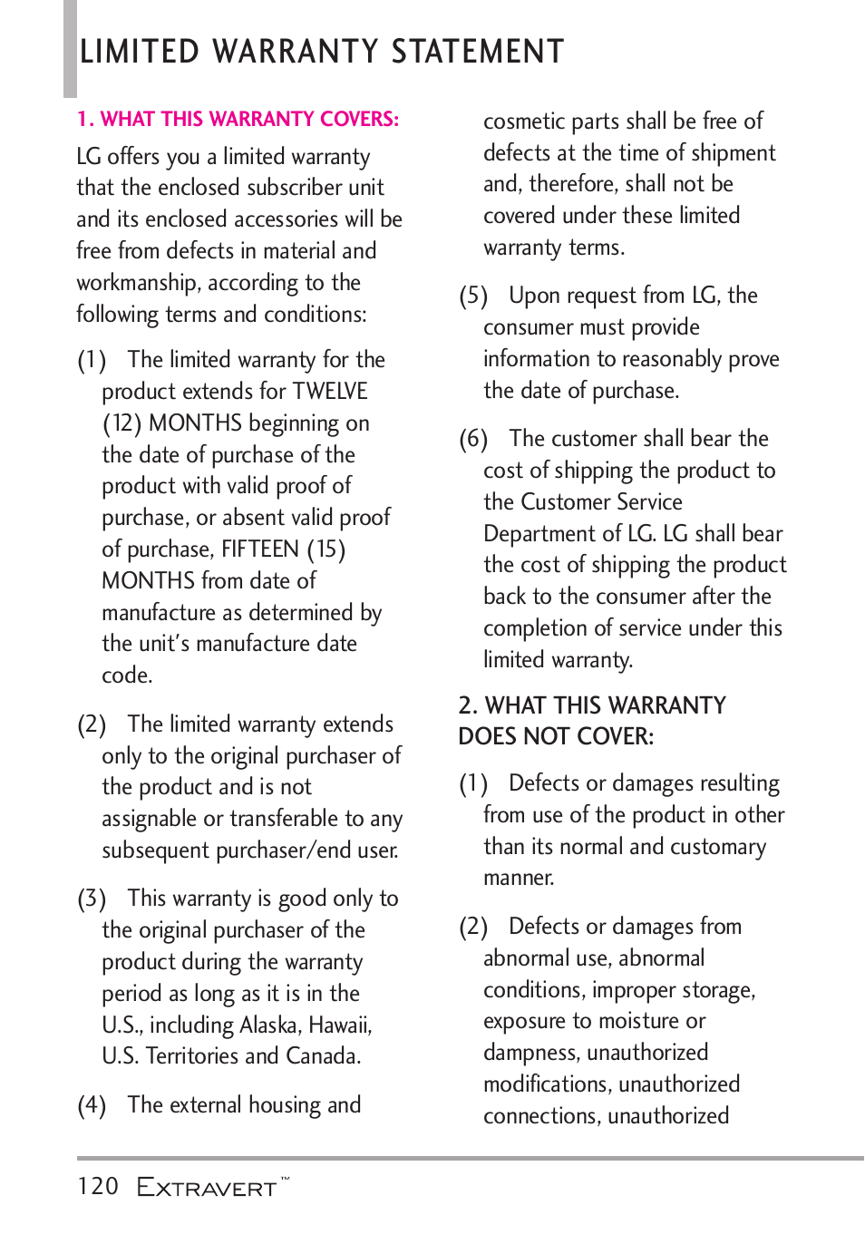 Limited warranty statement | LG VN271 User Manual | Page 122 / 270