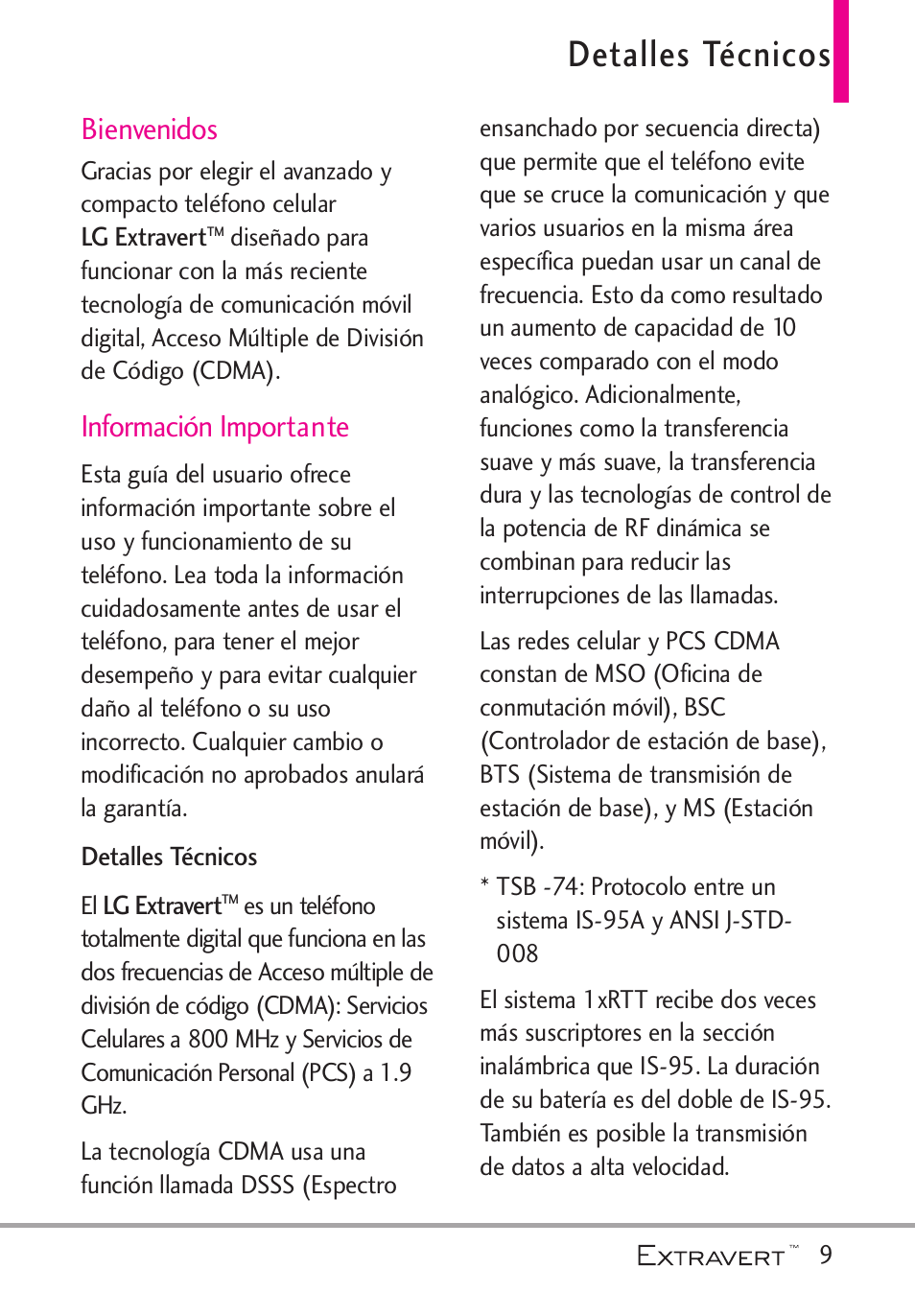 Detalles t?nicos, Detalles técnicos, Bienvenidos | Información importante | LG VN271 User Manual | Page 141 / 270