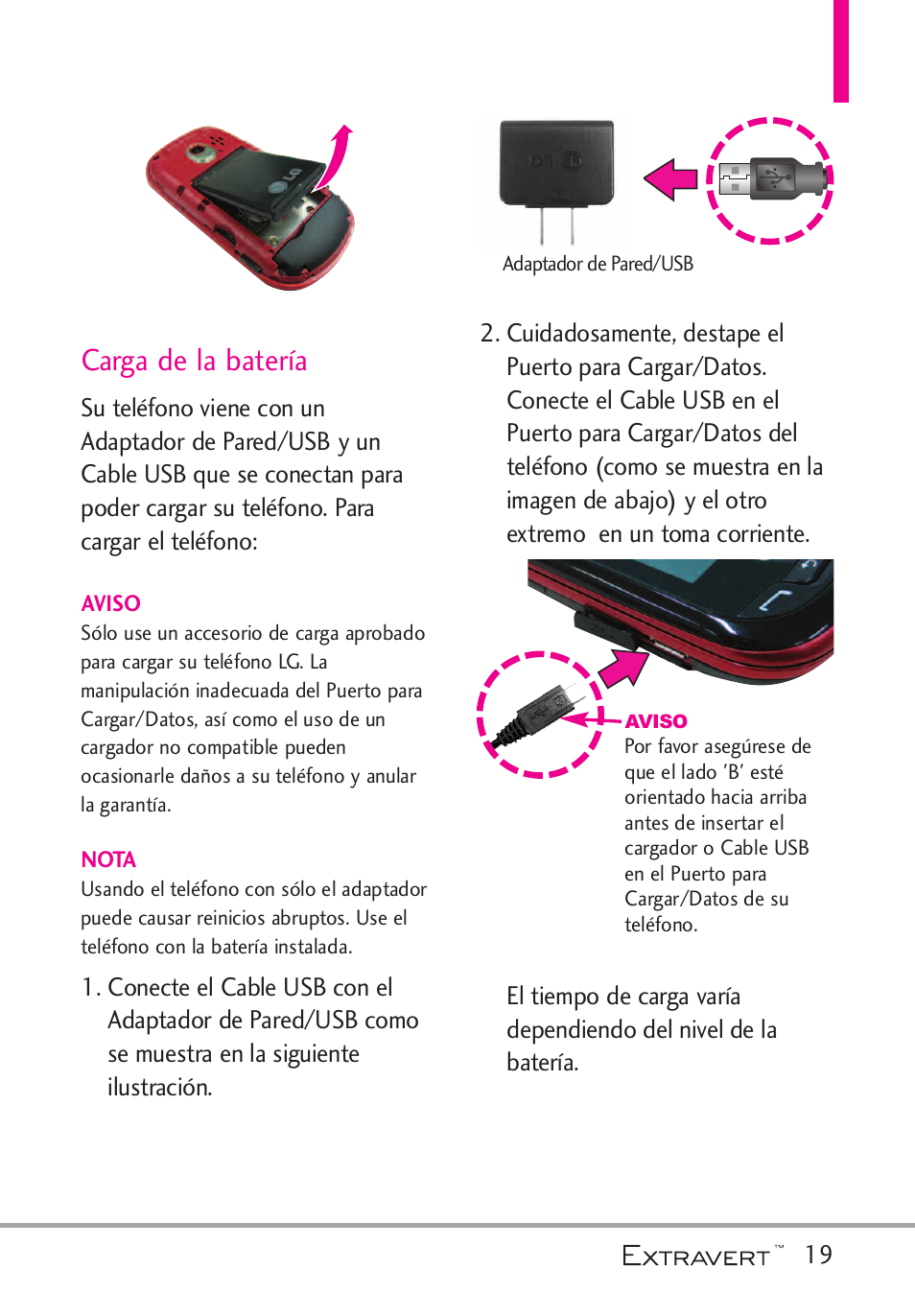 Carga de la bater, Carga de la batería | LG VN271 User Manual | Page 151 / 270