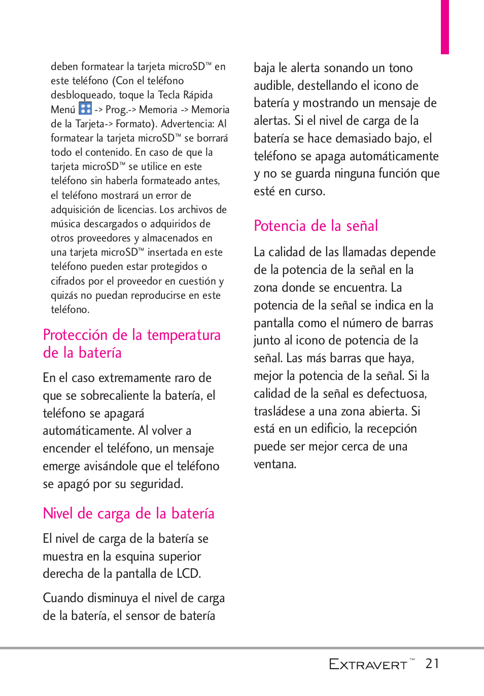 Protecci? de la temperatura, Nivel de carga de la bater, Potencia de la se?l | Protección de la temperatura de la batería, Nivel de carga de la batería, Potencia de la señal | LG VN271 User Manual | Page 153 / 270