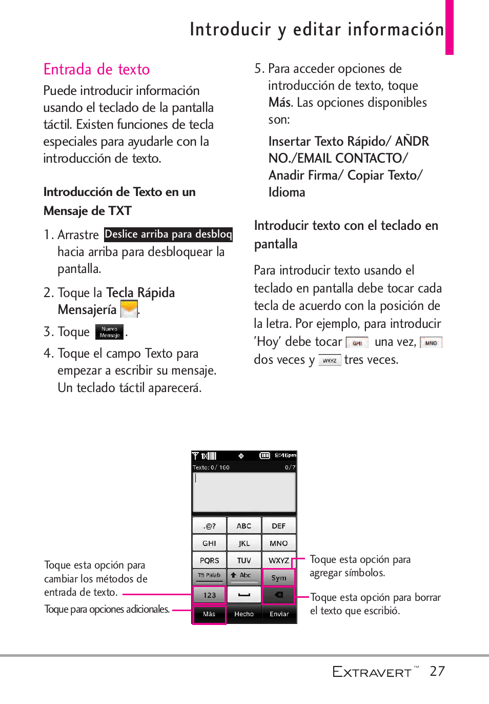 Introducir y editar informa, Introducir y editar información, Entrada de texto | LG VN271 User Manual | Page 159 / 270